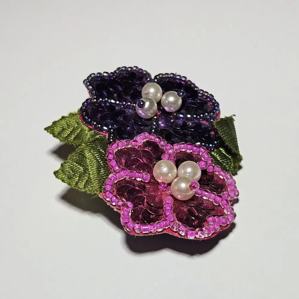 Avon Vintage Purple Pink Sequin Flower Faux Pearl Brooch Pin
